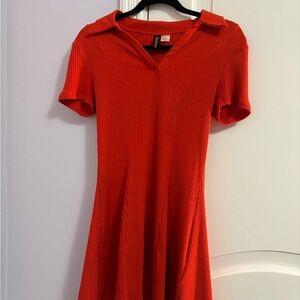 Vibrant Red Ribbed Dress with Collar